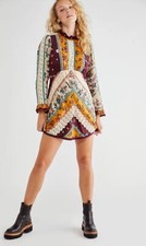NWT FREE PEOPLE Sz 4 FALL TO PIECES MINI DRESS PATCHED CROCHET MIXED PRINT MINI