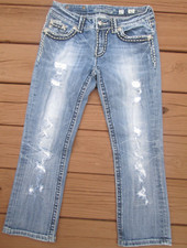MISS ME DENIM CAPRIS Distressed Embroidered Rhinestones, Logo Rivets, Women's 27