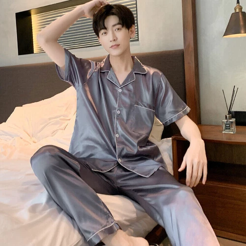 Men Pajamas Set Satin Top Pants Sleepwear Loungewear Indoor Home Casual Daily - Picture 7 of 11