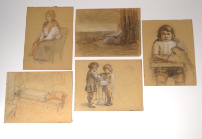 Lot 5 drawings portraits women child parrot school study Clipet 20th