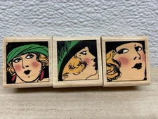 Set Of 3 Hampton Art Vintage Fashion Lady Wood Mounted Rubber Stamps
