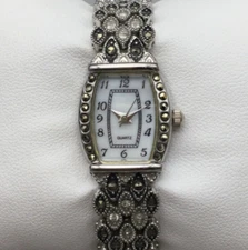 Marcasite Watch Women 18mm Silver Tone Bling Rectangle New Battery 6.25"