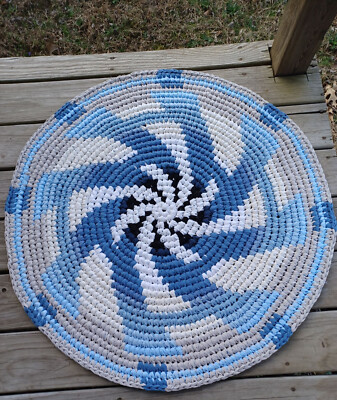 Handmade rag rug by ree-vick tan and blues round 34''
