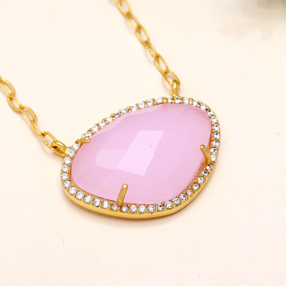 Rose Quartz CZ Cut Gemstone 925 Sterling Silver Chain Pendant Charm Necklace 18" - Image 2 of 4