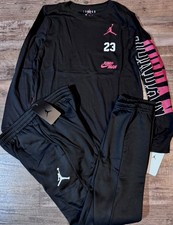 NWT Nike Air Jordan Boys YLG Black/Red/White L/S JUMPMAN DRI-Fit Pants Set Large