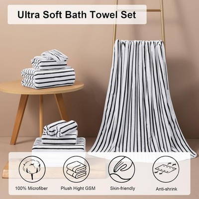 Black White Cabana Stripe Large Bath Towel Set 8Pcs Oversized Bath