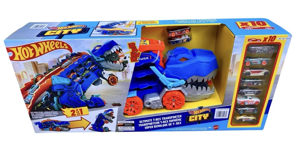 Hot Wheels City Toy Car Track Set, Ultimate T-Rex Transporter, Hauler Transforms - Image 3 of 4