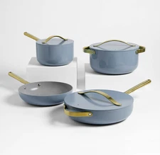 Caraway 12-Pc Blue Lagoon Ceramic Nonstick Cookware Set–Gold Hardware-NEW