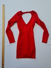 Ladies Bodycon V Neck Dress W Size (See Pics) Red Long Sleeve Open Back 30701