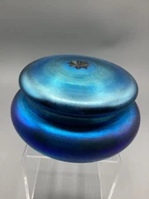 Steuben Blue AURENE Glass Puff Box Powder Jar with lid Carder Tiffany Era