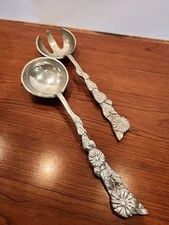 VINTAGE Cast Aluminum Salad Server Fork and Spoon Set, Flower Cluster handle 11”