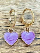 Huggie Hoop 18k Gold Plated Purple Enamel Swirl Heart Love Valentine Earrings