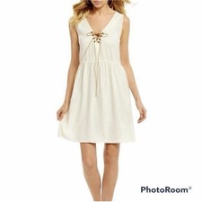 Celebrity Pink Dress M Mini Ivory Lace Up Sleeveless Casual Sundress