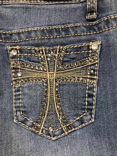 Earl Jeans Capri Size 6 Cuffed Embellished Stretch Blue Denim Pocket Cross - Picture 4 of 7