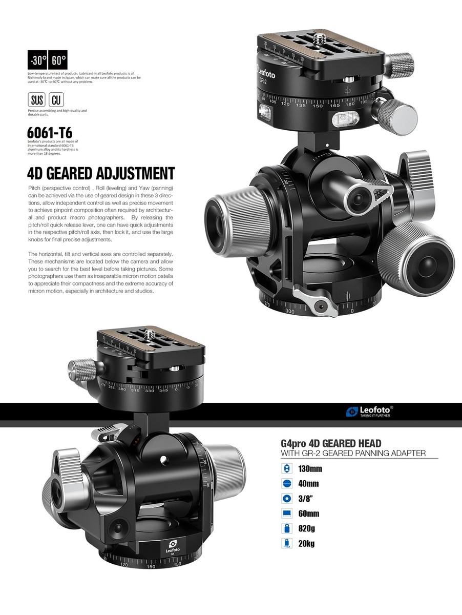 Leofoto G4 Pro Four Way Geared Head Camera Tripod Head | Arca