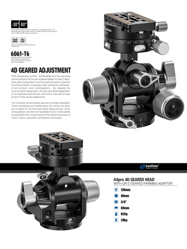 Leofoto G4 Pro Four Way Geared Head Camera Tripod Head | Arca Compatible - Picture 2 of 7