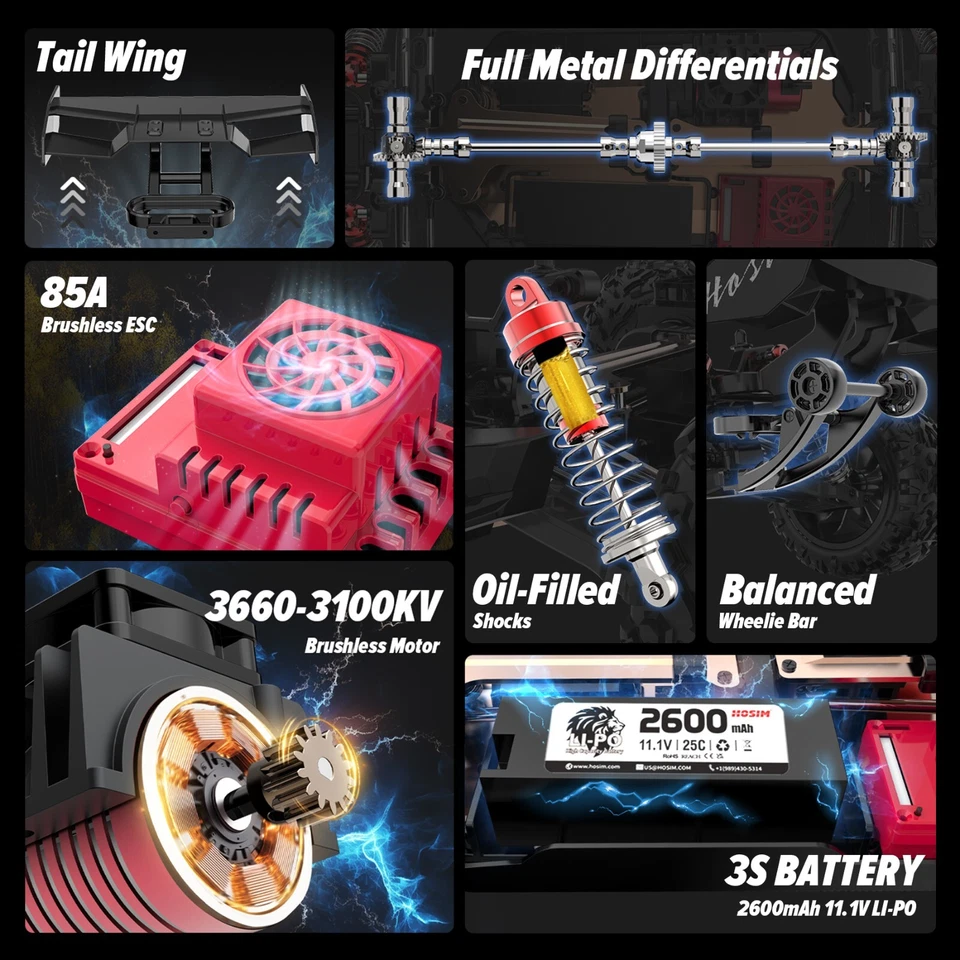 Hosim 1:8 Brushless RC Car Remote Cotrol Car Monster Truck High Speed 50+MPH RTR - Image 3 of 4