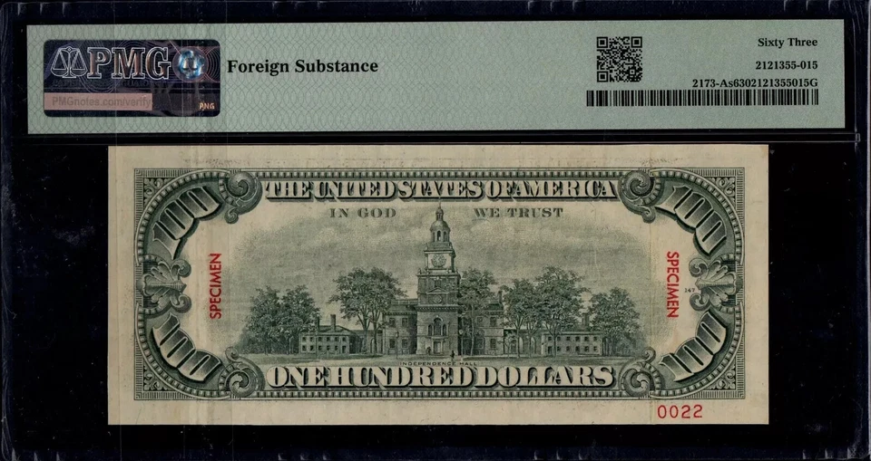 United States 100 DOLLARS FR-2173As 1990 Rare SPECIMEN PMG 63 USA Currency NOTE - Image 3 of 4