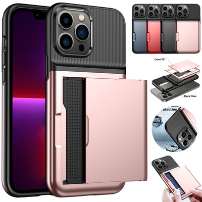 For iPhone 13 Pro Max 12 11 Pro Shockproof Rubber Slide Card Holder Case Cover