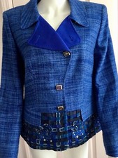New ESCADA Pacific Blue Silk Blend Jacket, Woven Denim Ribbon Accents US 10