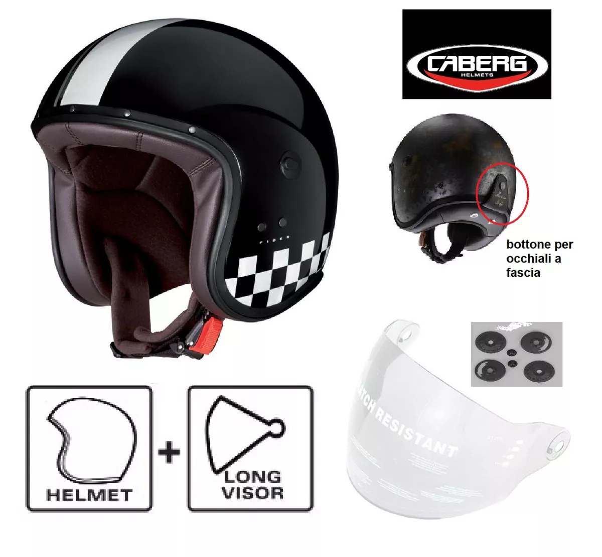 Casco CABERG Freeride scacchi racing nero jet vintage omologato