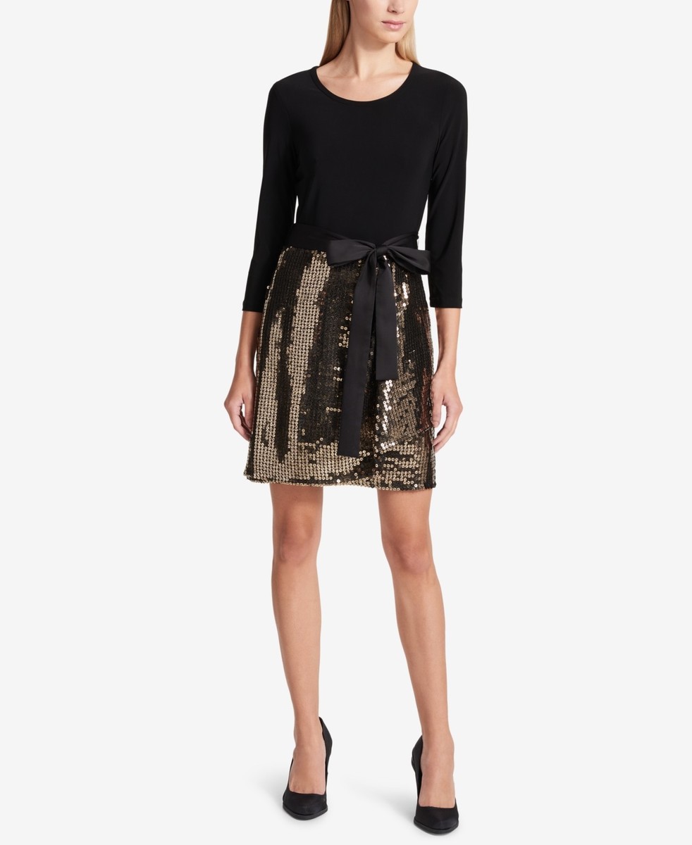 LX015/ DKNY Sequined Jersey Belted Dress Black Gold Sz M