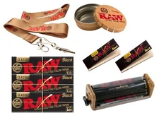 Authentic Raw Black Rolling Paper 11/4 Size Bundle, Roller+Papers+Tip+Tin