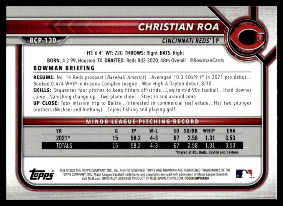 2022 Bowman Sapphire Edition Christian Roa Cincinnati Reds #BCP-130 | eBay