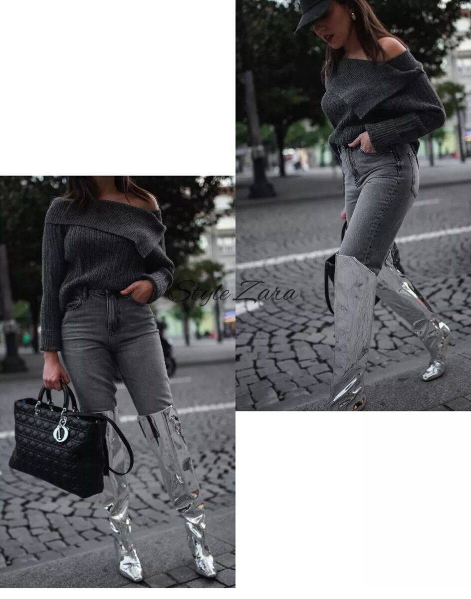 ZARA NEW WOMAN METALLIC OVER-THE-KNEE BOOTS SILVER SZ 8 EU39 ZARA NEW WOMAN METALLIC OVER-THE-KNEE BOOTS SILVER SZ 8 EU39