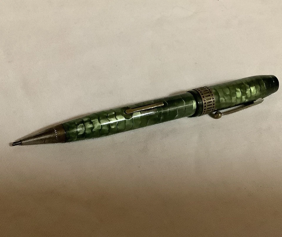 Peter Pan Light Green Iridescent Bakelite Fountain Pen & Mechanical Pencil Used - Image 2 of 2