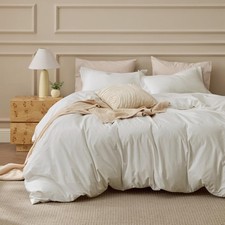 100 Washed Cotton Duvet Cover Queen Size - Ivory Minimalist Bedding Set Linen