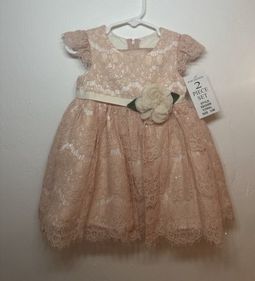 Rare Editions Coral Ivory Lace Fit & Flare Dress 12M Flower Bow Accent