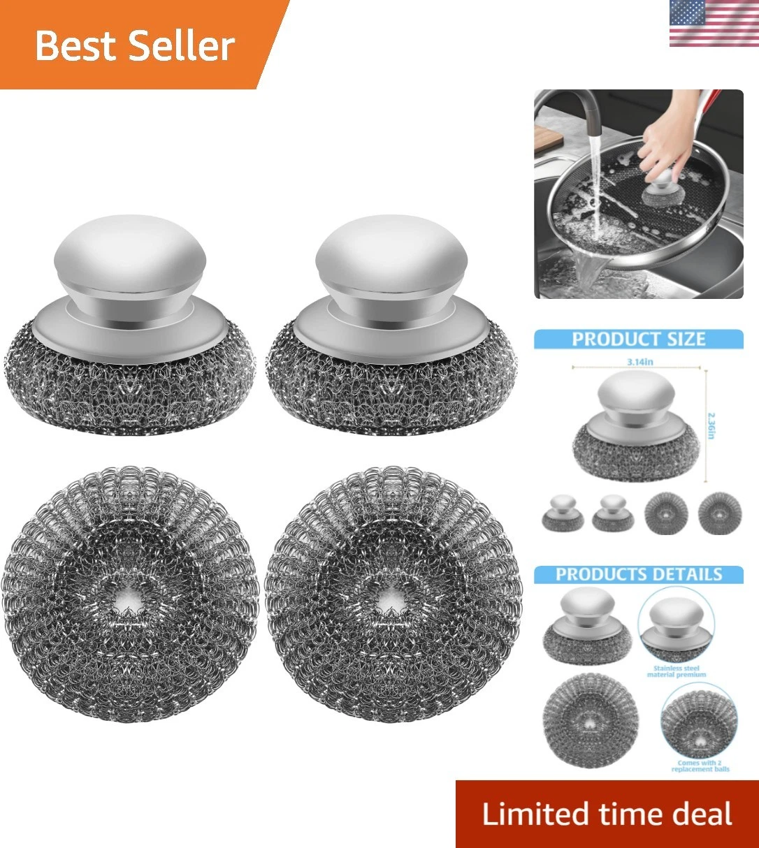 Stainless Steel Wool Scrubber with 2 Replacement Pads - Clean Metal Pans, Pot...