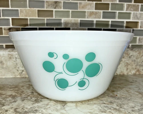 Vintage MCM  9” FEDERAL Milk Glass Mixing Bowl ATOMIC  POLKA DOTS in Aqua