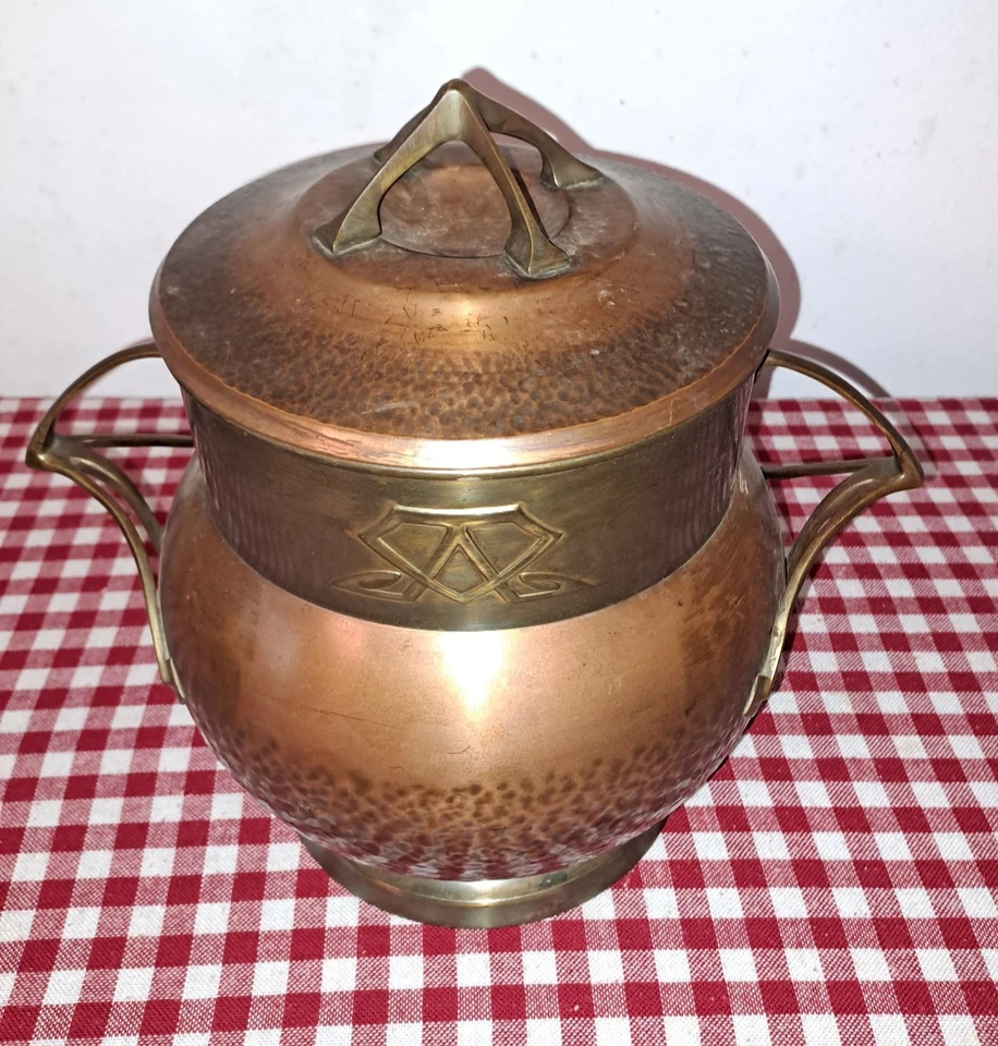 Bowletopf mit Jugendstildekor mit Glaseinsatz Kupfer/Messing Hammerschlag - Bild 2 von 4