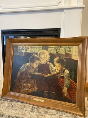 Large Vintage Wooden Framed Art The Fairly Tale Girls Reading German Magic Book