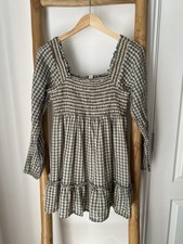 American Eagle Long Sleeve Smocked Plaid Mini Dress Square Neckline Ruffled Hem