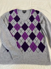 Apt 9 100% Cashmere Sweater XL Purple Grey Argyle Pattern V Neck Pullover  Flaws