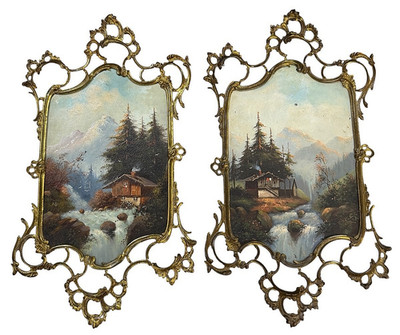 PAIR OF PAINTINGS ON TIN WITH NATURE SCENES HUNTING CABIN IN ORNATE GOLD FRAMES