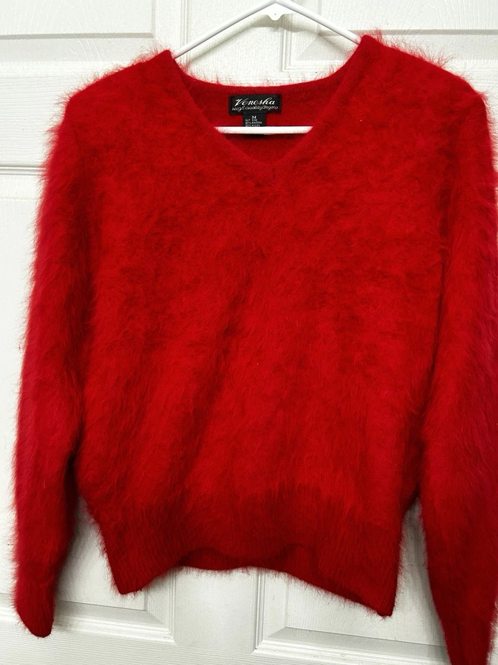 Suéter Vintage VENESHA Alta Calidad 80% ANGORA Forrado Rojo Difuso Navidad Med. Foto 2 de 4