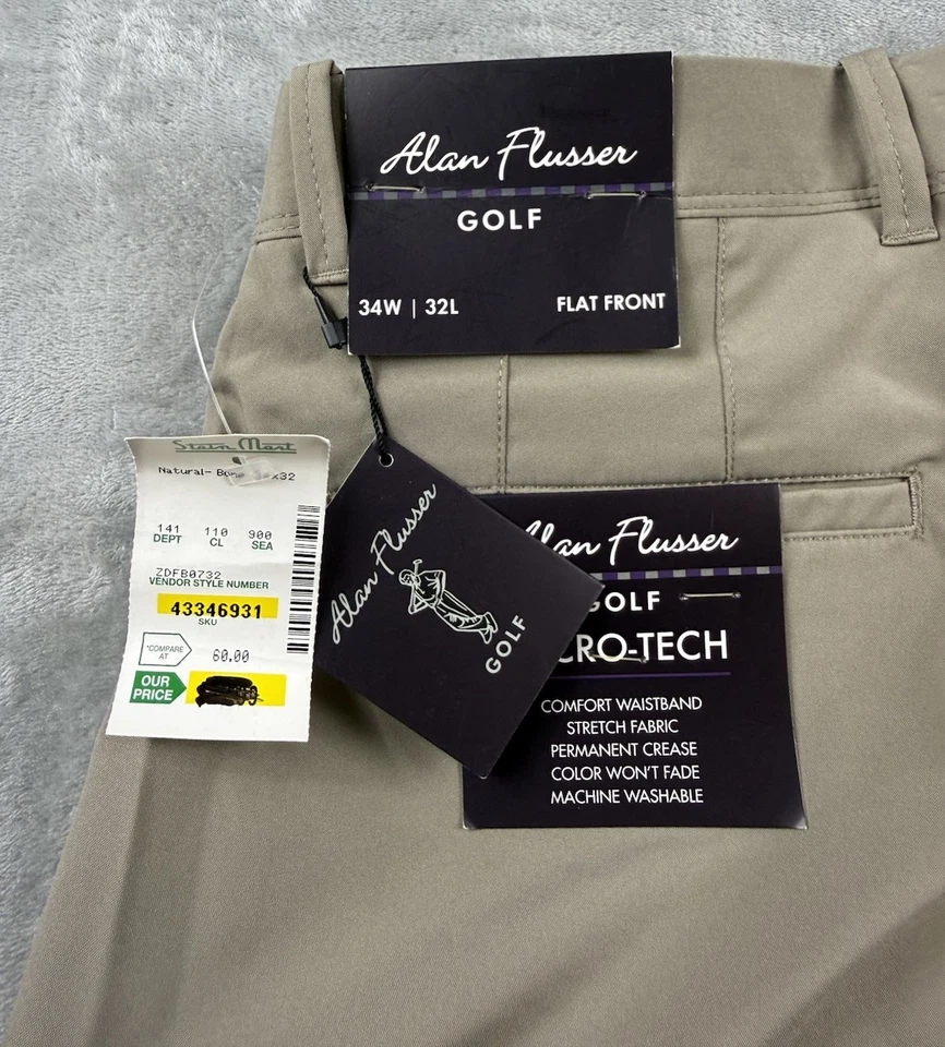 Alan Flusser Golf Pants 34x32 Micro-Tech Flat Front Khaki NWT Read - Image 3 of 4