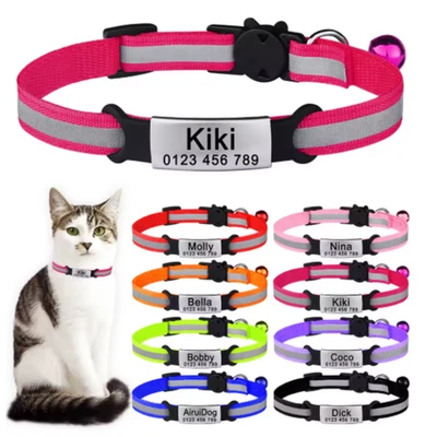 Reflective Customised Cat Collar Adjustable Personalize ID Tag For Pet Cat Puppy - Image 1 of 4