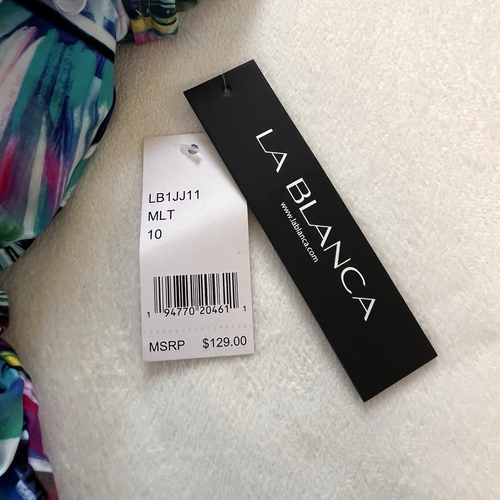 LA BLANCA Palm Print Off the Shoulder Ruffled Bandeau One Piece Swimsuit Size 10 - Picture 4 of 15