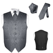 Men's Dress VEST NeckTie for Suit CHARCOAL GRAY Grey Color PAISLEY Tie Hanky Set
