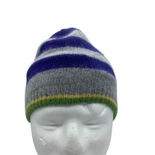 Child Striped Gray Purple Lambswool Blend Knit Beanie Hat