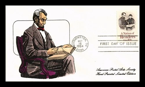US COVER HAND COLORED FIRST DAY OF ISSUE ABRAHAM LINCOLN NATION OF READERS