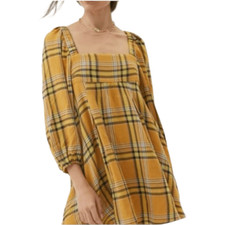 Urban Outfitters Yellow Plaid Puff Sleeve Gauzy Mini Dress Size XS Smocked