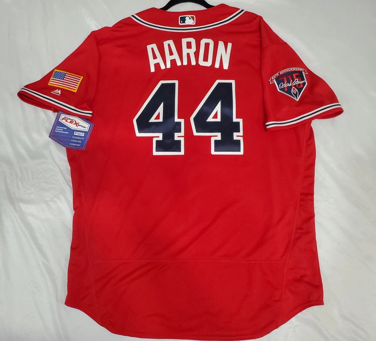 Authentic Majestic 52 2XL, ATLANTA BRAVES RED FLEX BASE HANK AARON Jersey  SHARP!