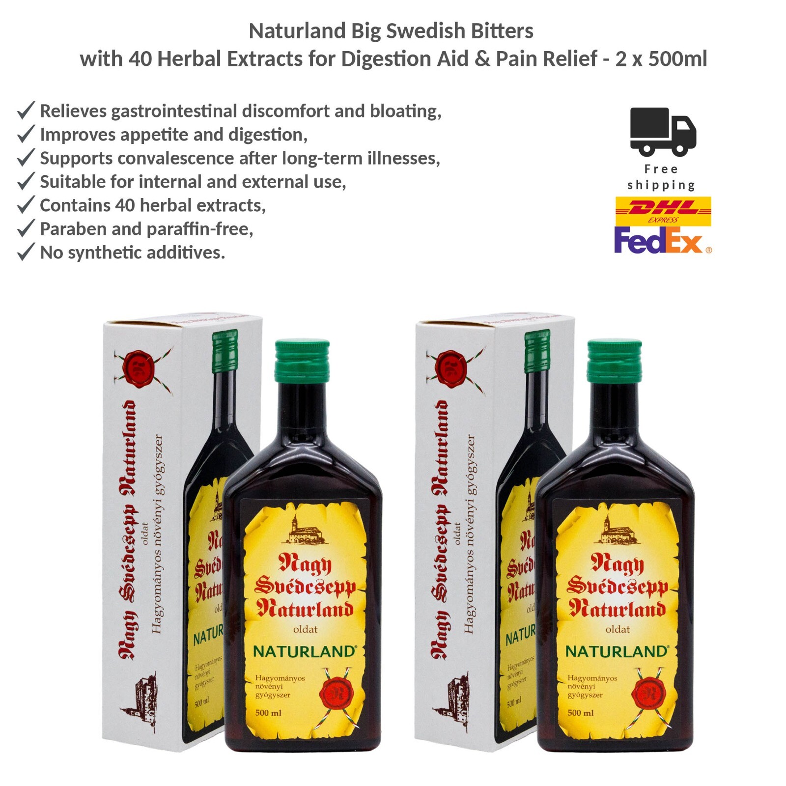 Naturland Groß Schwedenbitter mit 40 Kräuterextrakten Herbal Tinktur 500ml x 2