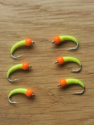 6 gelb orange Hot Head Bung Buzzers Barbed Größe 12 - Fliegenfischen Fliegen Forelle 